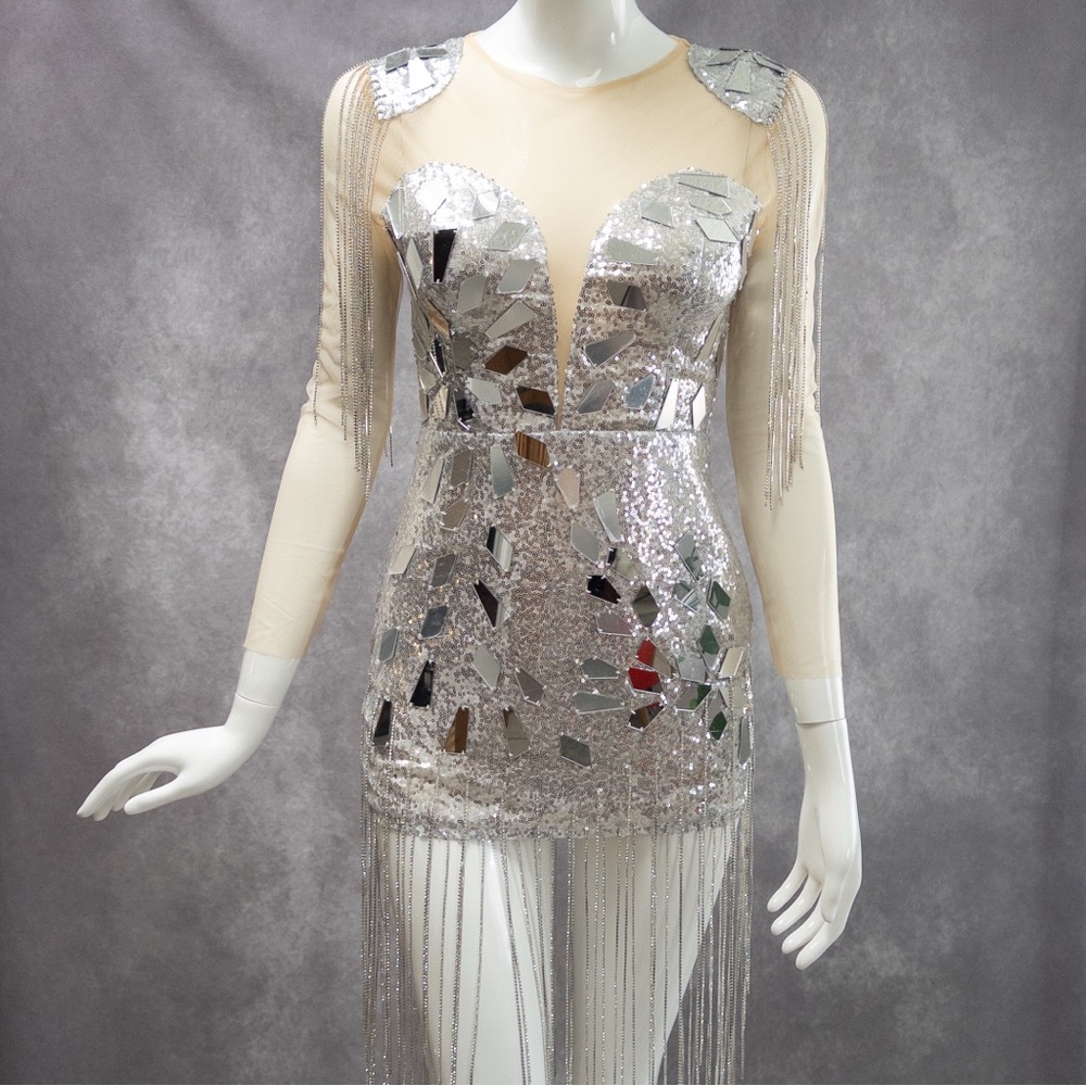 Silver mirror sequin mini dress, rhinestone fringe, size S